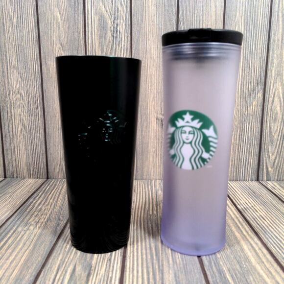 Starbucks 24 oz Tumblers Cold Cup Black Matte Stainless Steel Plastic Lot of 2 - Picture 1 of 13